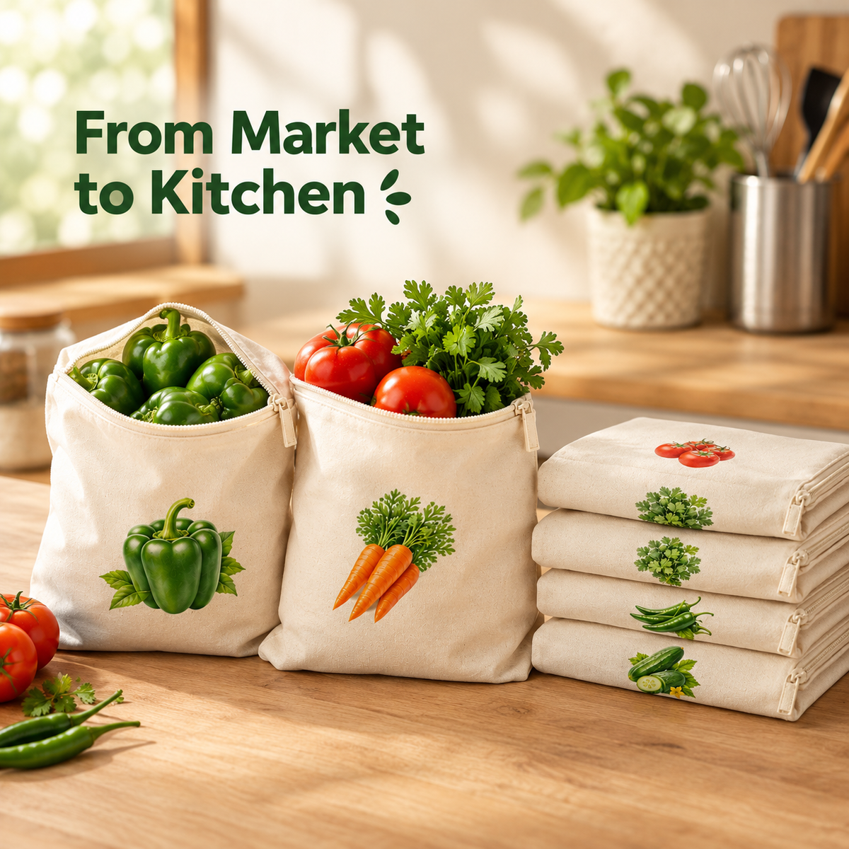 Reusable Cotton Vegetable Bags with Zipper – Pack of 6