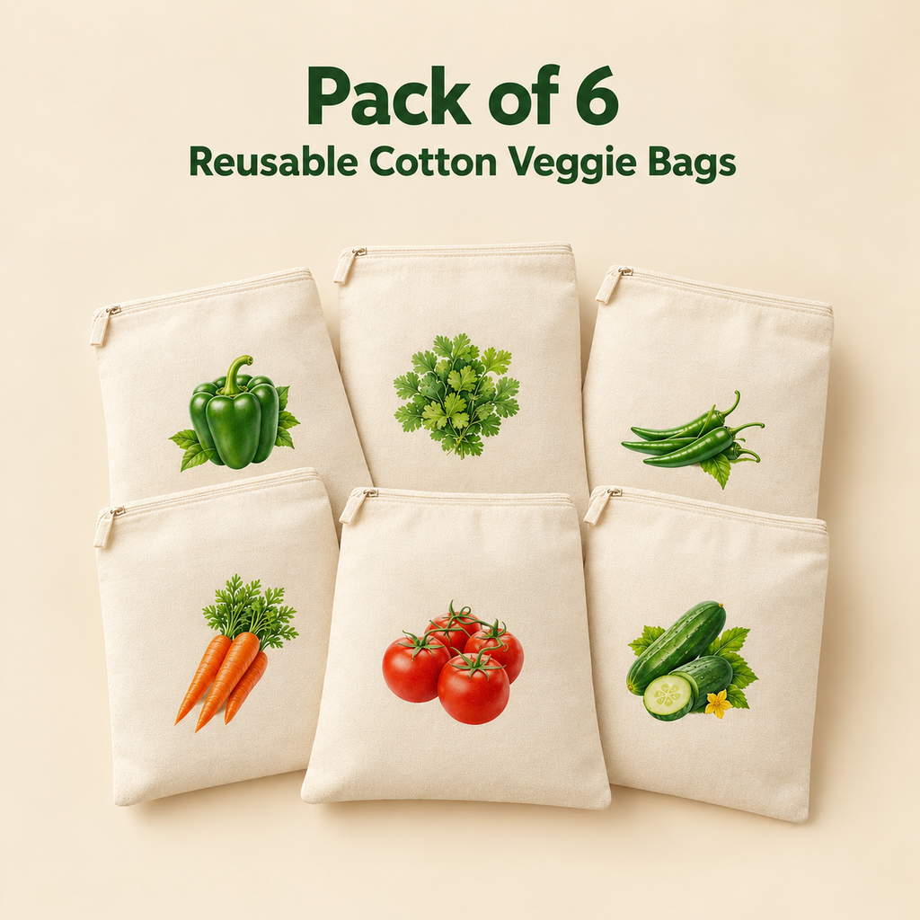 Reusable Cotton Vegetable Bags with Zipper – Pack of 6