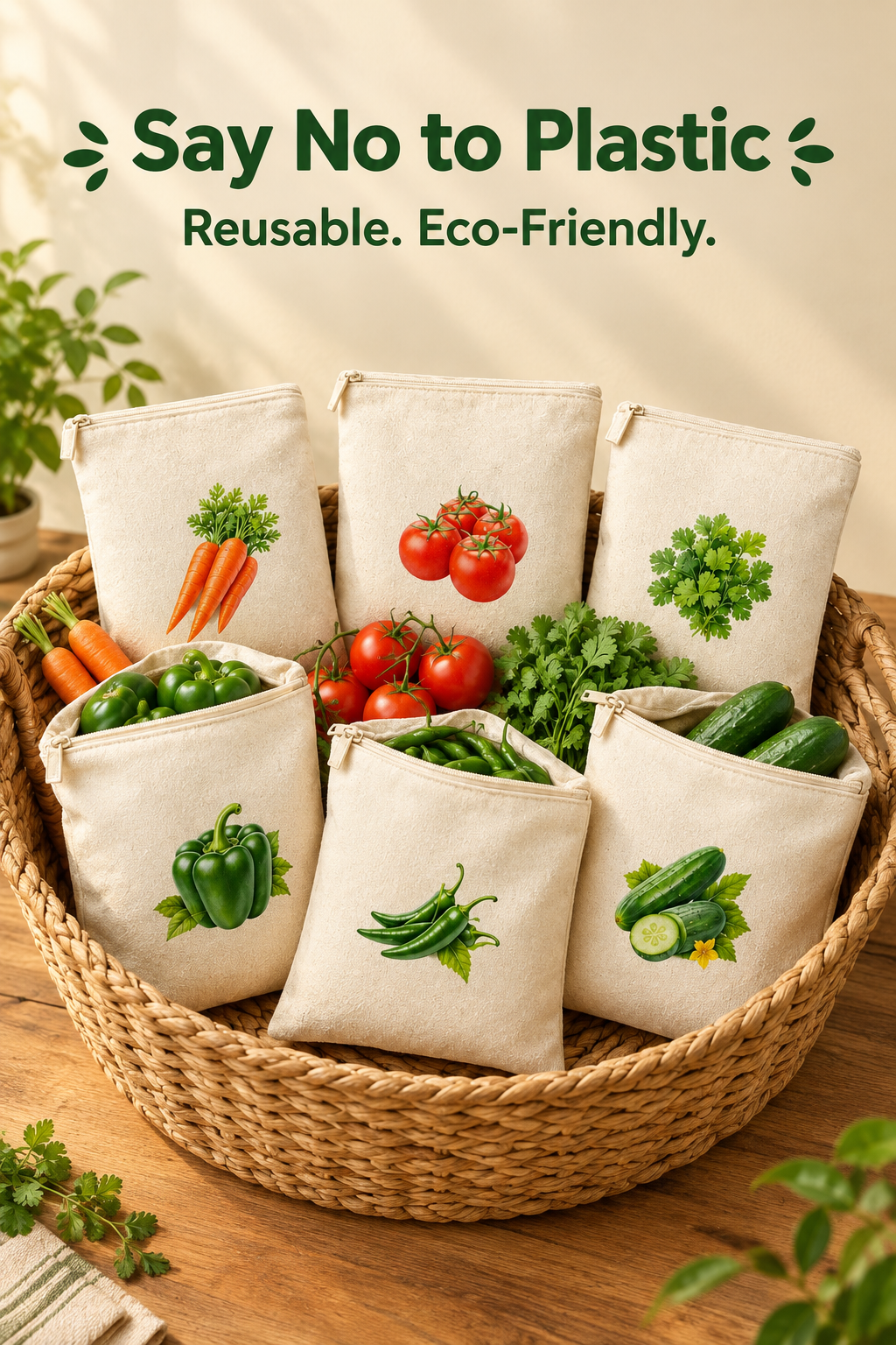 Reusable Cotton Vegetable Bags with Zipper – Pack of 6