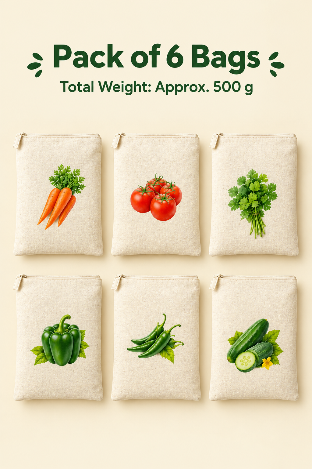 Reusable Cotton Vegetable Bags with Zipper – Pack of 6